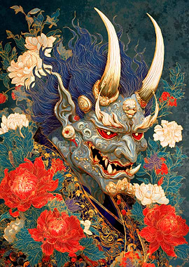 Japanese Oni Mask with Floral Design