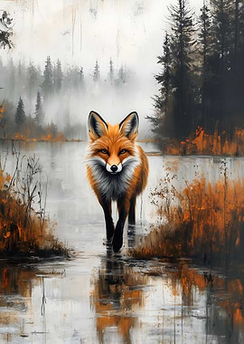 Fox in Misty Lake Painting