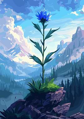 Blue Flower in Mountain Landscape
