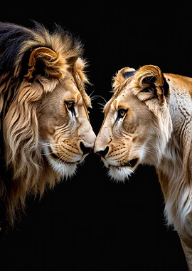 Lion and Lioness Touching Noses