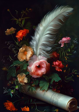 Floral Still Life with Quill and Scroll