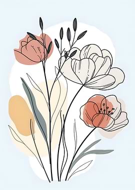Floral Line Art with Abstract Shapes