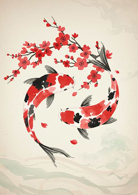 Koi Fish and Cherry Blossoms Art