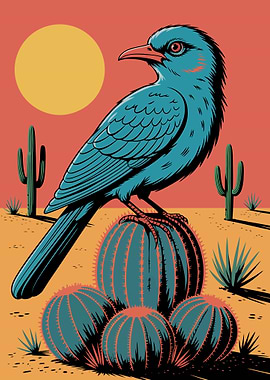 Blue Bird on Cactus in Desert