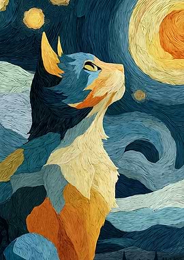 Cat Starry Night Art