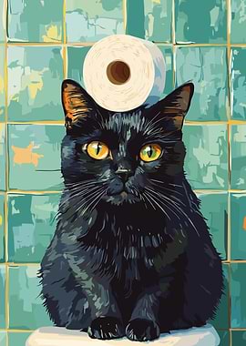 Black Cat with Toilet Paper Hat