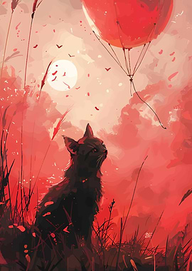 Red Cat and Balloon Digital Art
