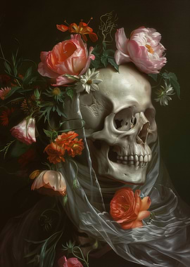 Skull with Flowers and Veil Painting