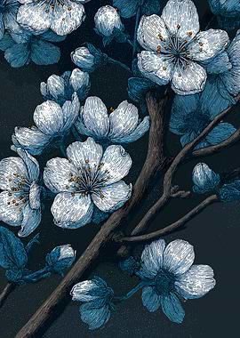 Blue Cherry Blossom Branch Illustration