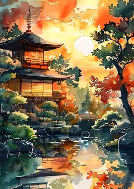 Japanese Temple Watercolor Landscape