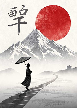 Japanese Landscape with Figure and Mountain