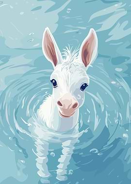 White Donkey Swimming in Blue Water