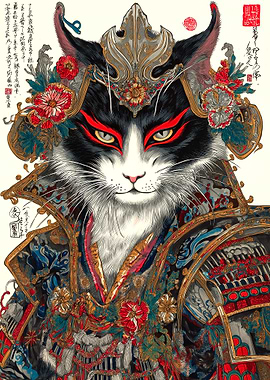 Samurai Cat Portrait in Ukiyo-e Style