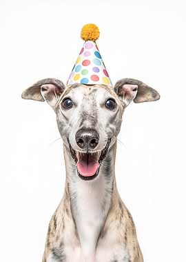 Happy Whippet Dog with Party Hat
