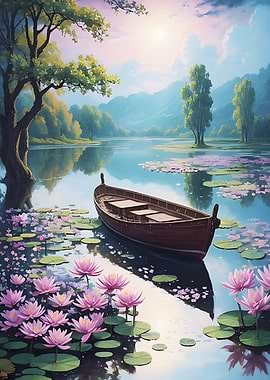 Serene Lake with Boat and Lilies