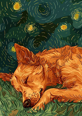 Dog Sleeping Under Starry Night Sky