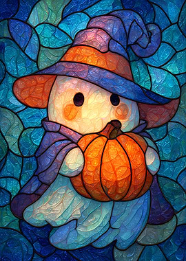 Stained Glass Halloween Ghost with Pumpkin
