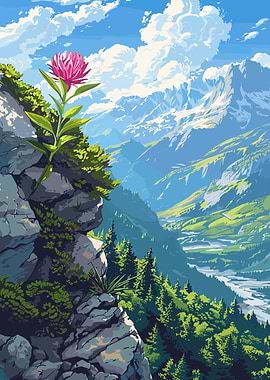 Mountain Landscape with Flower