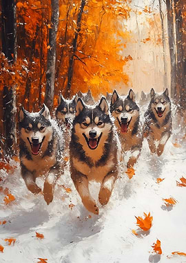 Running Huskies in Autumn Forest Painting