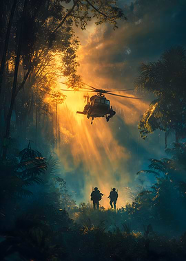 Helicopter and Soldiers in Jungle