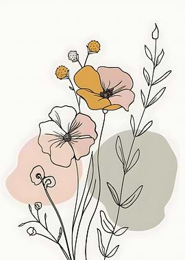 Floral Line Art with Pastel Accents