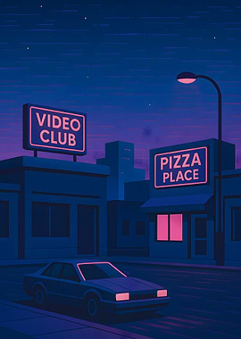 Night Cityscape with Video Club and Pizza
