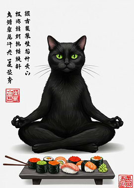 Zen Cat with Sushi