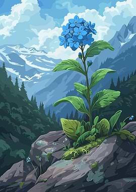 Blue Flower in Mountain Landscape