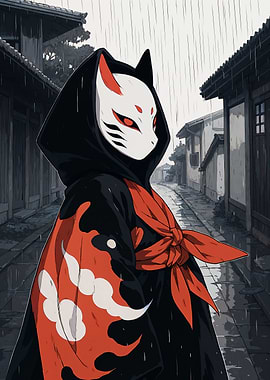 Fox Mask Character in Rainy Street