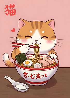 Cute Cat Eating Ramen