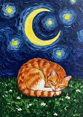 Cat Sleeping Under Starry Night Sky