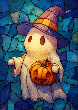 Halloween Ghost with Pumpkin and Hat
