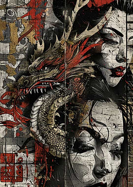 Dragon and Geisha Graffiti Art