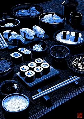 Blue Monochrome Sushi Feast Illustration