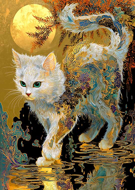 Ornate Cat Under Moonlight