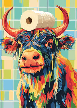 Colorful Cow with Toilet Paper Hat
