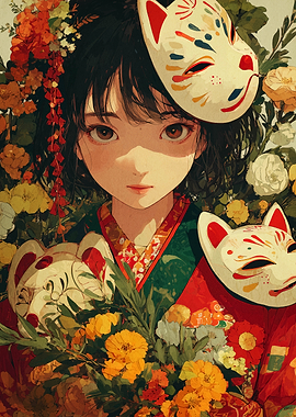 Anime Girl with Kitsune Masks and Flowers
