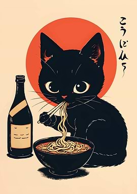Black Cat Eating Ramen