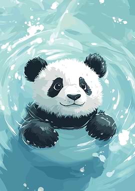 Cute Panda Swimming in Blue Water