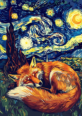 Fox Sleeping Under Starry Night Sky
