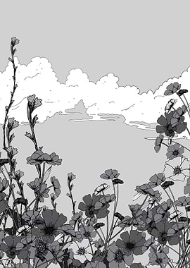 Monochrome Floral Landscape with Cloudy Sky
