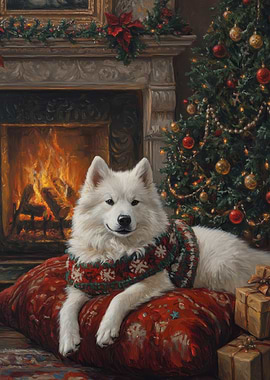 Samoyed dog Christmas portrait | Festive samoyed decor