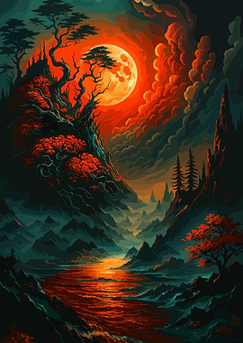 Fantasy Landscape with Red River and Moon