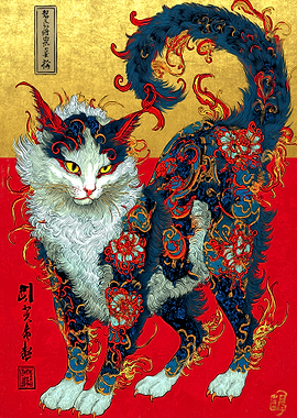 Ornate Japanese Cat Art