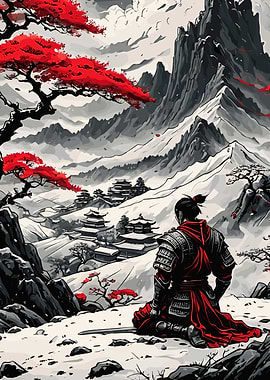 Samurai in Snowy Mountain Landscape