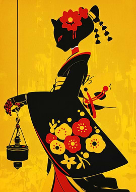 Cat Geisha with Lantern Illustration
