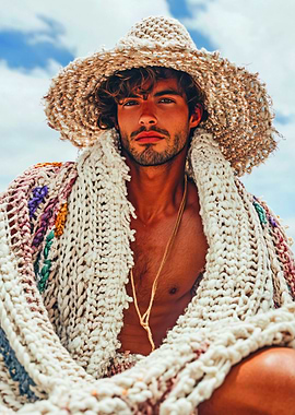 Man in Crochet Hat and Shawl