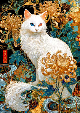 Heterochromatic Cat with Chrysanthemums
