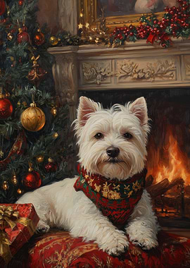 Westie Christmas by Fireplace Painting | Christmas Dog Art