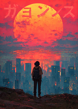 Cityscape Sunset with Figure